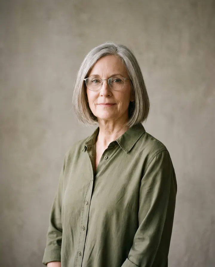A portrait of a woman with grey hair and glasses in an olive shirt against a plain warm grey wall.